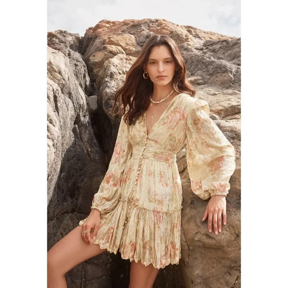 Hemant and Nandita Floral Long Sleeve Dress - Cream and Pink - Picture 1 of 16